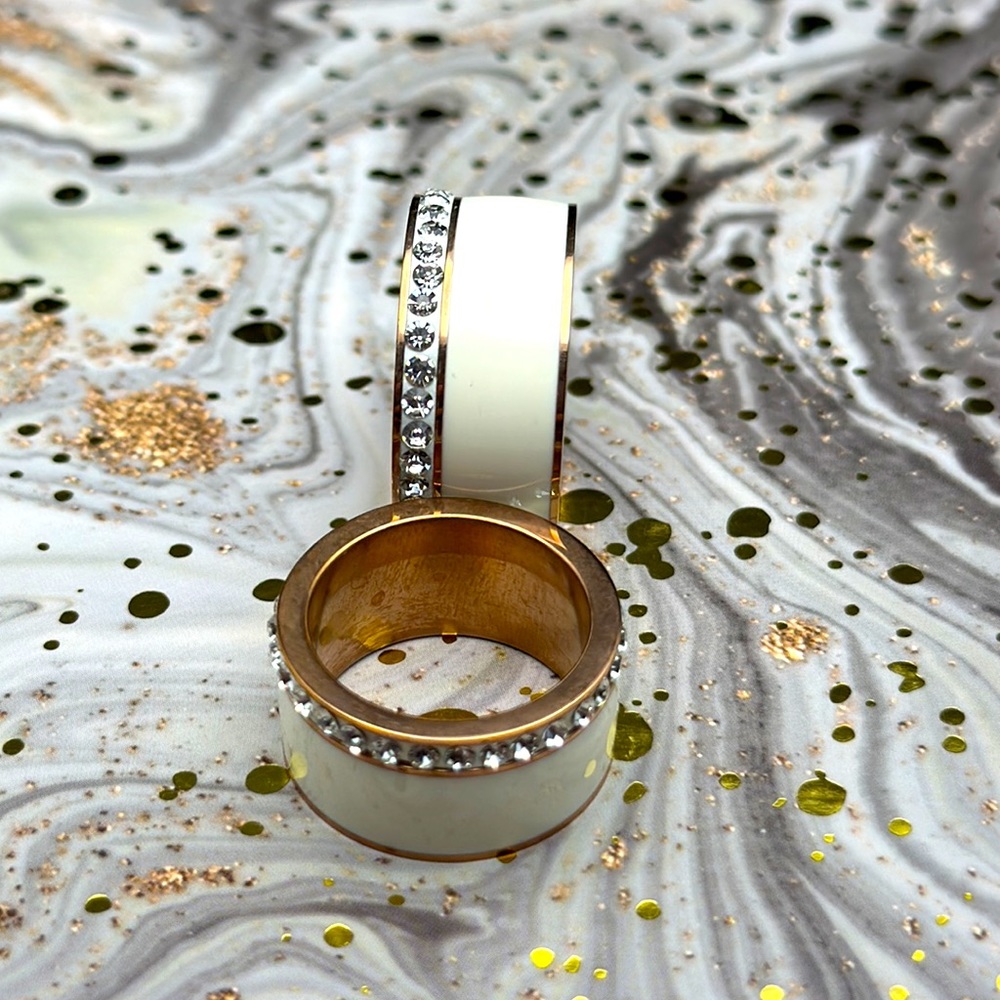 Rose Gold & White Enamel Ring, Wide Band